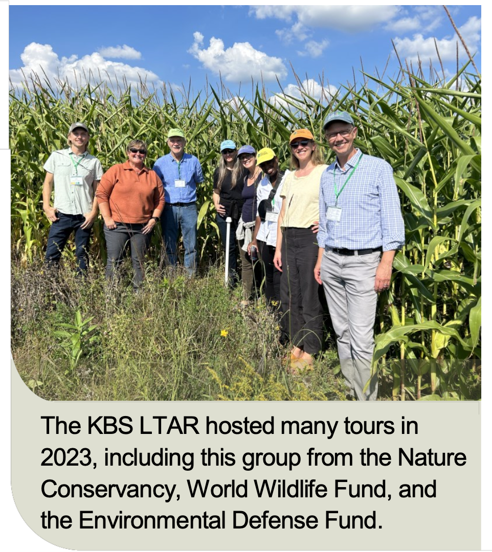 The KBS LTAR hosted many tours in 2023, including this group from the Nature Conservancy, World Wildlife Fund, and the Environmental Defense Fund.